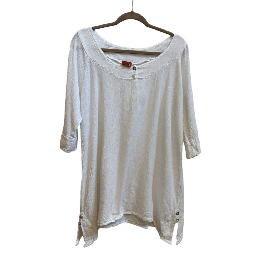Oh My Gauze White Tunic Top Lagenlook Artsy Scoop Neck Buttons Womens Sz 1 Guazy